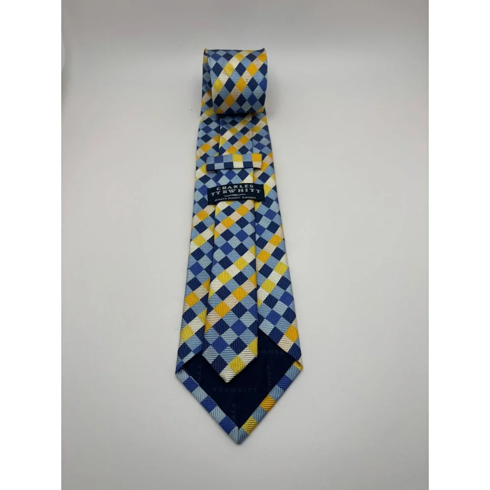 Charles Tyrwhitt Mens Silk Tie Blue Yellow Geometric Diamond Made in England